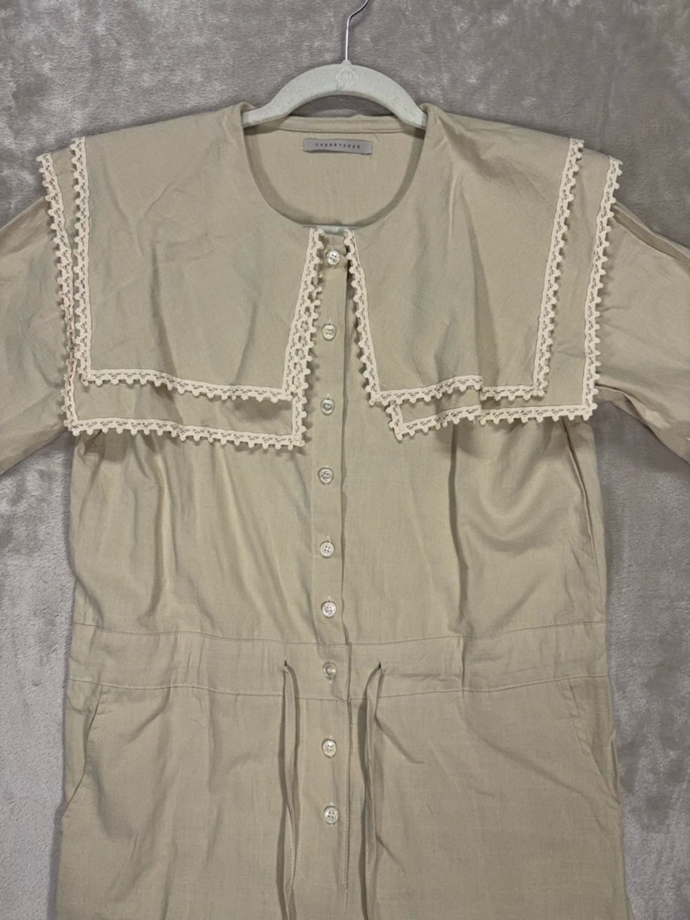 Cherrykoko Beige Lace Collar Jumpsuit Wide Leg Tie Waist Romper - Picture 13 of 14